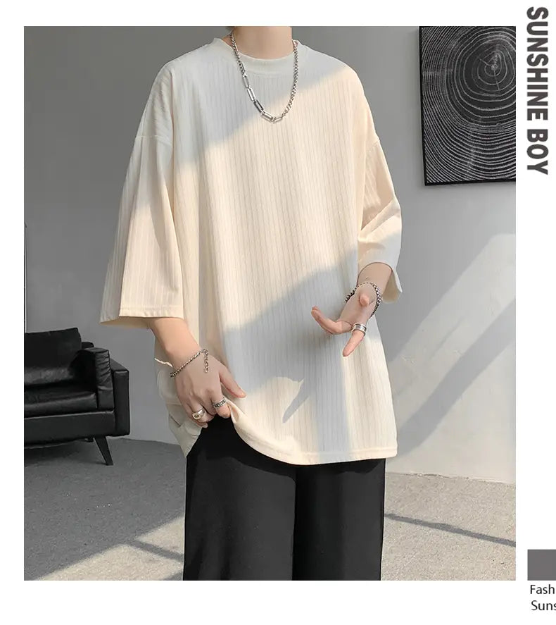 Men striped oversized summer t-shirt in cream-colored ribbed cotton with three-quarter sleeves and a relaxed fit.
