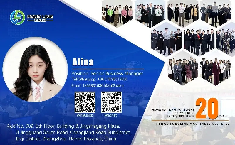 Blue and white promotional flyer for henan foodline machinery co. ltd featuring a custom teardrop travel trailer fully equipped camper designed for convenient travel and outdoor use.