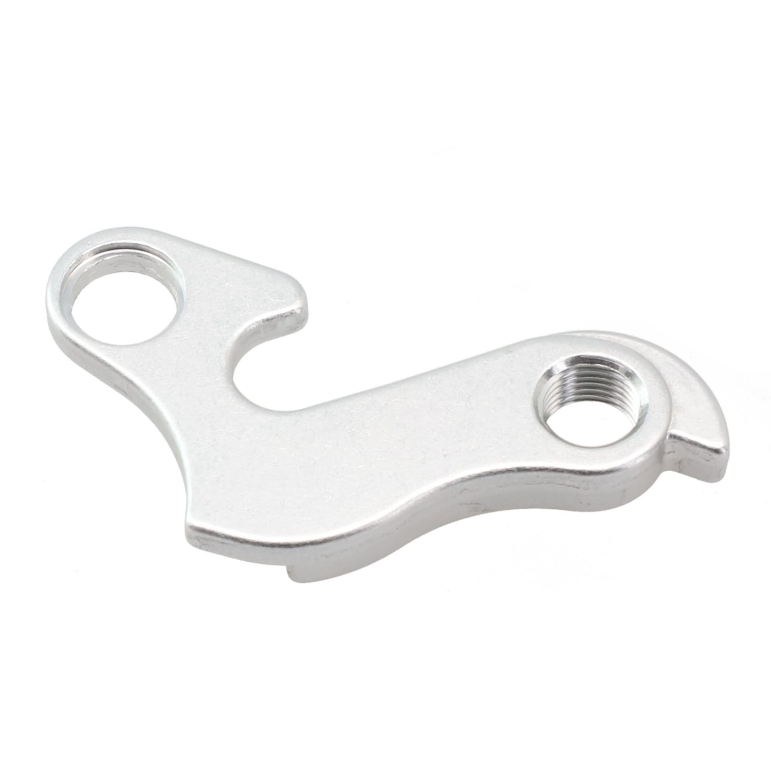 Placa/soporte de cambio trasero de aleación de aluminio para Merida y Carrera, mostrada desde la parte posterior, con acabado pulido plateado metalizado y dos orificios de montaje distintos.