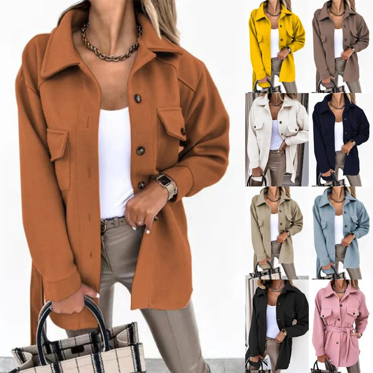 2026 autumn and winter new women's long-sleeved elegant pure-color lapel single-breasted belt wool coat