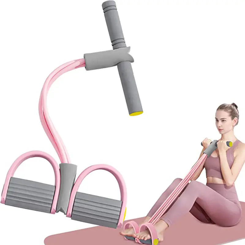 Pink and gray 4-tube resistance band pedal puller fitness equipment with padded handles and foot loops for strength training exercises.