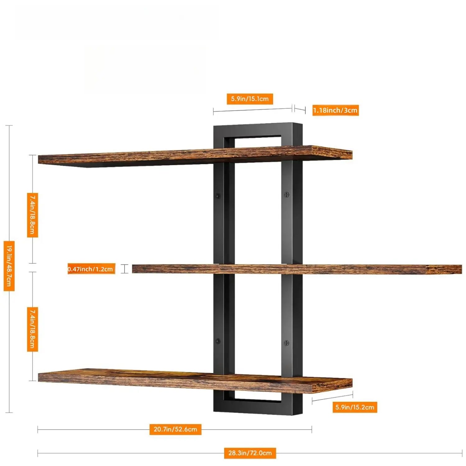 Industrial-style floating shelves featuring three rustic wooden tiers supported by black metal brackets designed for versatile wall decor and adjustable storage.
