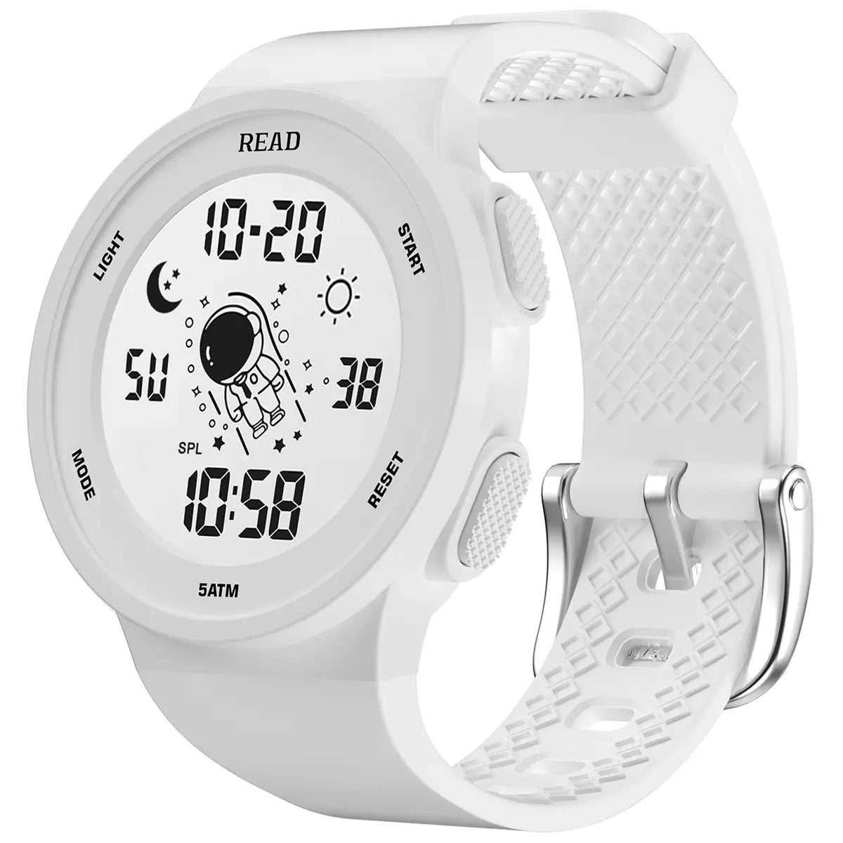 White digital led sports watch for women with a cartoon astronaut design on the face and a textured waterproof silicone strap.