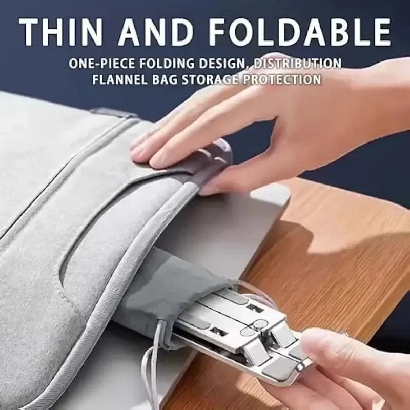 Gray fabric laptop sleeve with one-piece folding design and flannel bag storage protection holding a silver aluminum foldable laptop stand adjustable notebook riser.