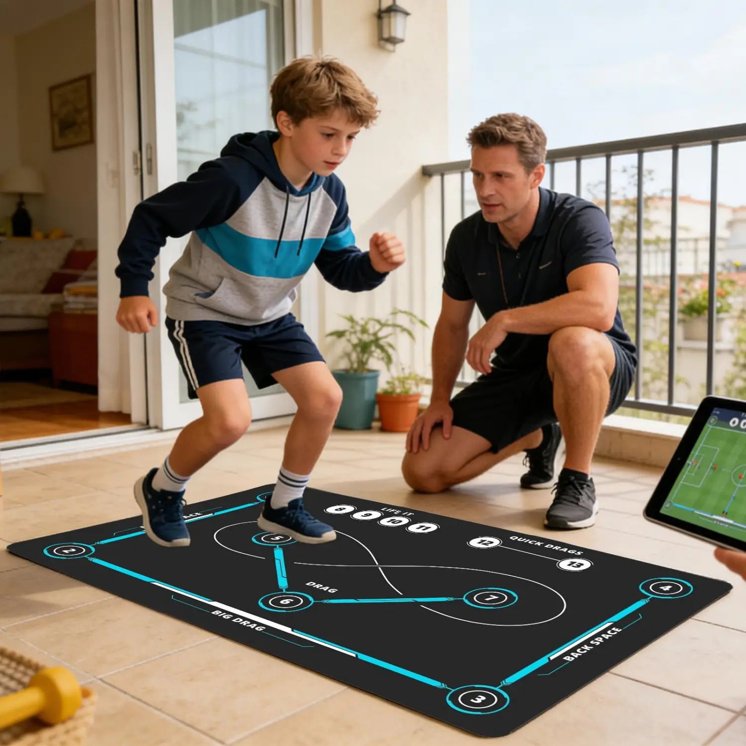 Schwarze Hockey-Trainingsmatte mit türkisfarben leuchtenden Linien und nummerierten kreisförmigen Zonen, rutschfestes Pad zum Stockführen, ausgelegt für interaktives Fußballtraining und Spielerbewegung.