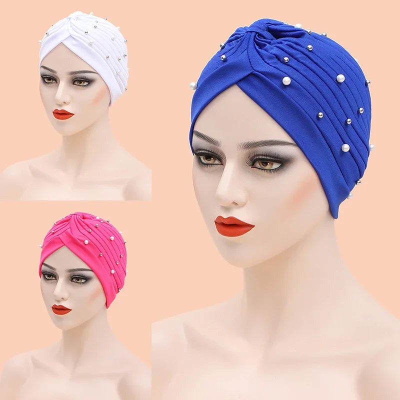 India Hat Hijabs Cap African Headwrap Ladies Head Wraps Women Beaded Turban Bonnet Soild Color Cotton Turban Hat Inner Hijab Cap
