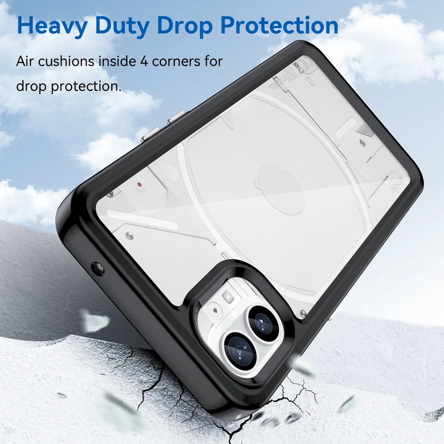 coque de téléphone noire robuste avec panneau arrière transparent et coins renforcés pour une protection contre les chutes intensives, présentée depuis l’arrière pour l’étui transparent rose de Nothing Phone 1.