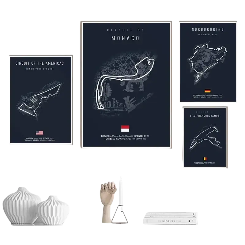 Set of four framed Formula 1 racing circuit posters with white line art on navy canvas for stylish home decor