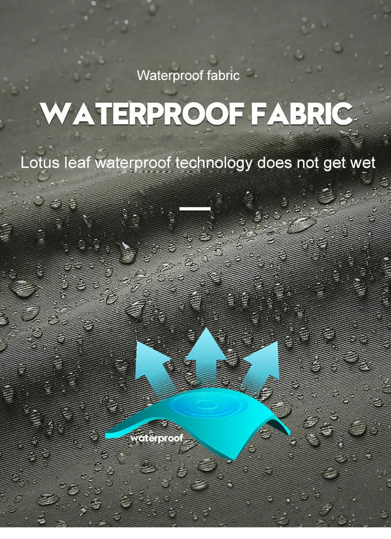 tela impermeable gris oscuro con tejido texturizado y gotas de agua que demuestran tecnología de repelencia de la humedad inspirada en la hoja de loto en chaquetas verde oliva para hombre Naturehike, chaquetas cortavientos impermeables