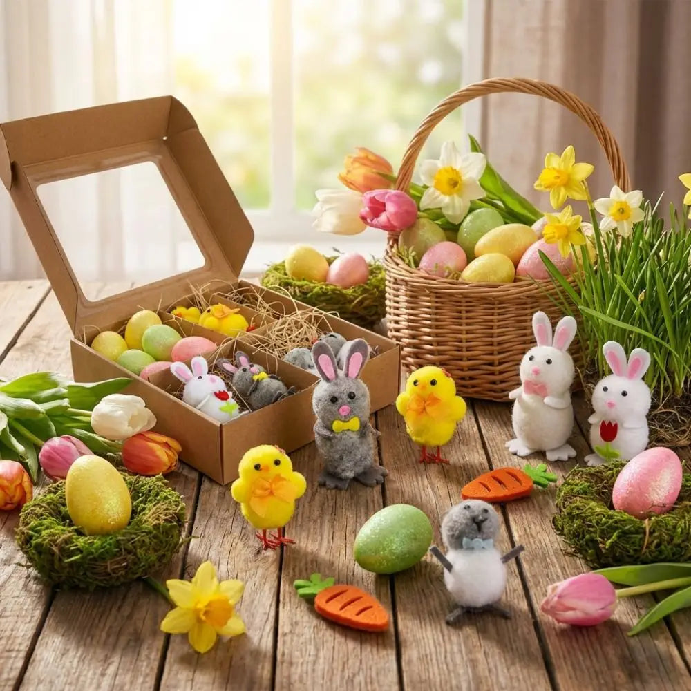 a handmade felt easter egg and chick figurine gift set featuring plush white and gray bunnies with pink bows, yellow chicks, tiny carrot-shaped toys, and colorful painted eggs arranged in mossy nests