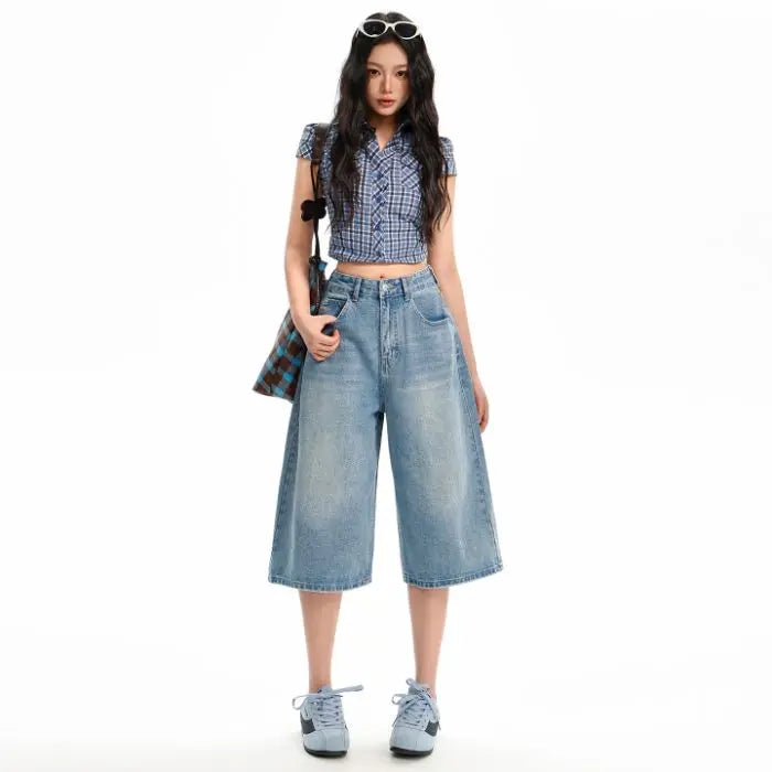 Korean Casual High Waisted Denim Shorts for Women Spring Summer Baggy Jeans Shorts Y2k A-Line Wide Leg Casual Jeans High Street