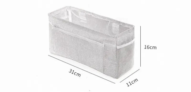 graues rechteckiges Aufbewahrungstaschen-Set für das Schlafzimmerbett mit weißem Abschluss und mehreren Taschen, mit den Maßen 31 cm x 16 cm x 11 cm, zur Organisation im Kinderzimmer