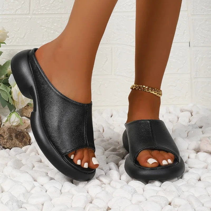 2025  Women's Sandals High Quality Leather Slides High Heels Sandals Sheepskin Platform Slippers Lady Fashion Shoes Summer