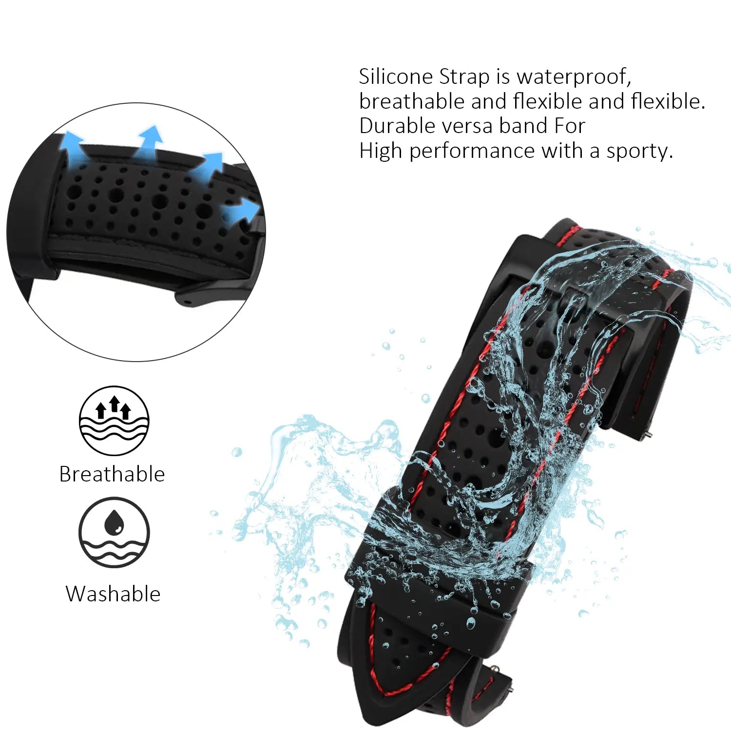 Schwarzes Silikon-Uhrenarmband mit roter Steppnaht und perforiertem Design, erhältlich in 20 mm, 22 mm, 24 mm Größen, mit Schnellverschluss-Funktion
