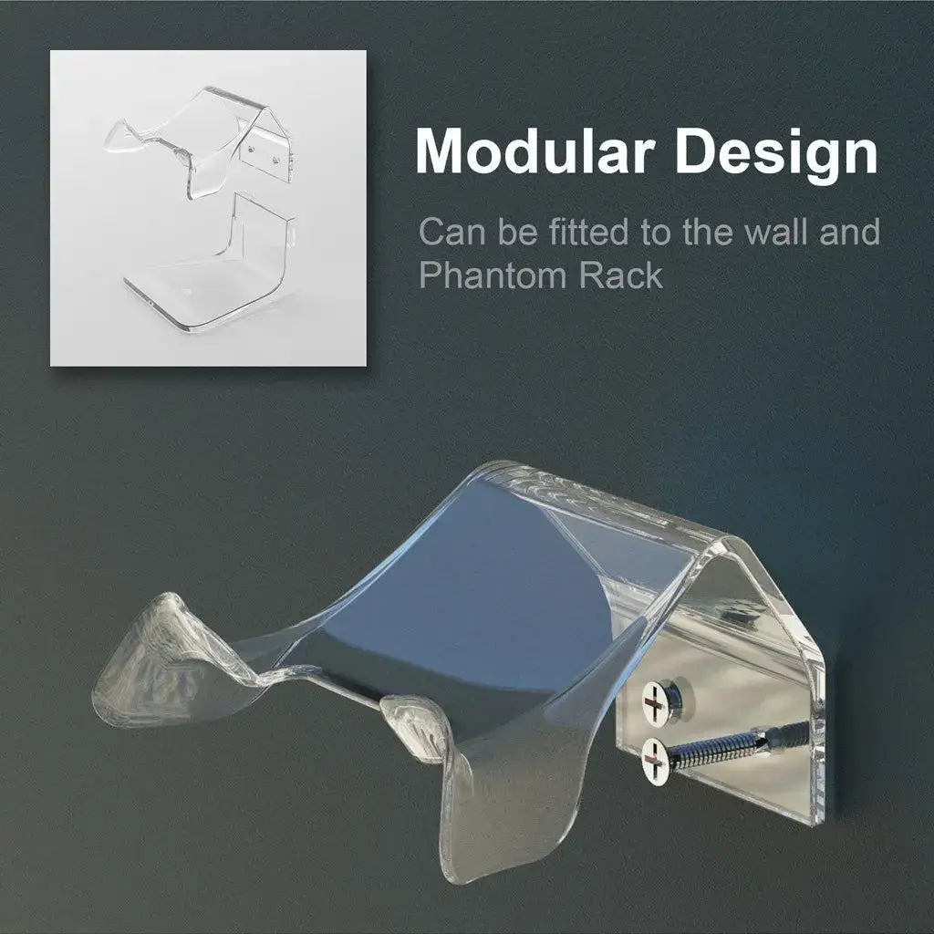Rack transparente de acrílico tipo fantasma con un diseño angular elegante y tornillos de montaje visibles, para montaje en la pared como soporte para controlador y rack de juego.