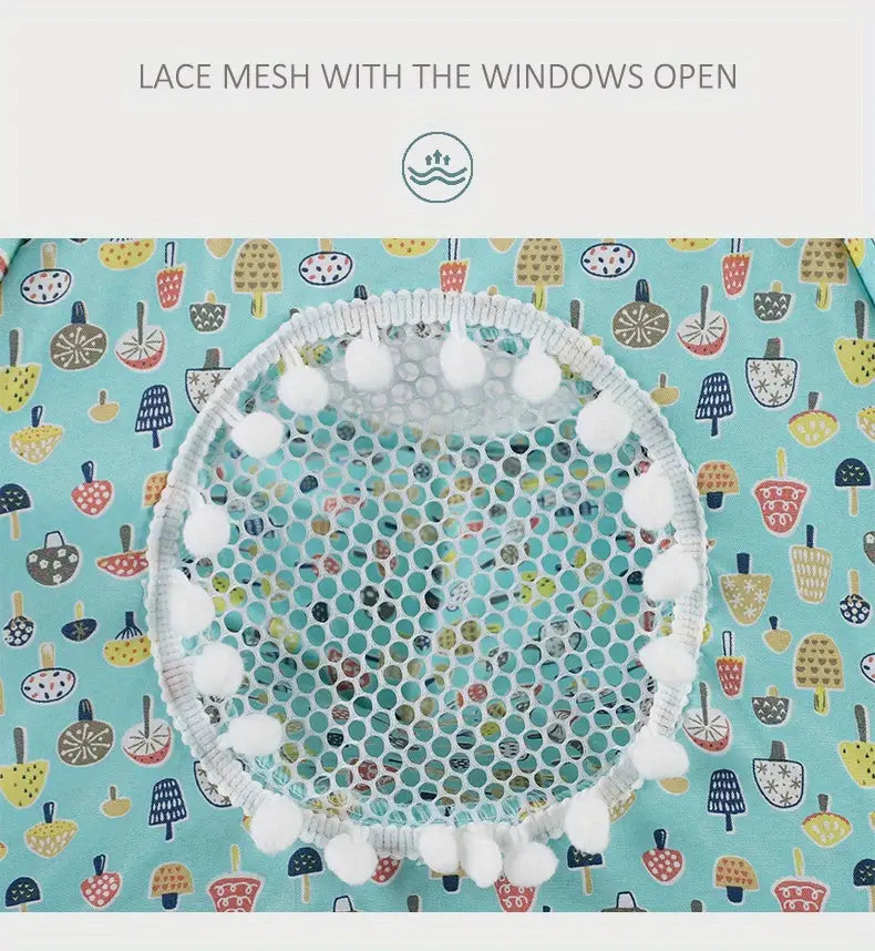 White lace mesh pet tent with pom-pom trim and open windows designed as a floral print cave bed for cats and dogs.