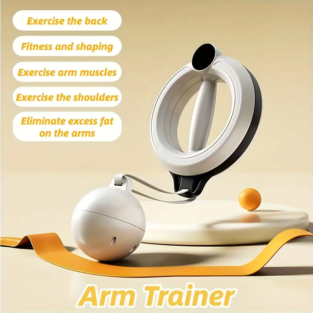 Rotary handheld arm fitness machine featuring a white and black plastic arm trainer with a spherical weight attached by a strap.