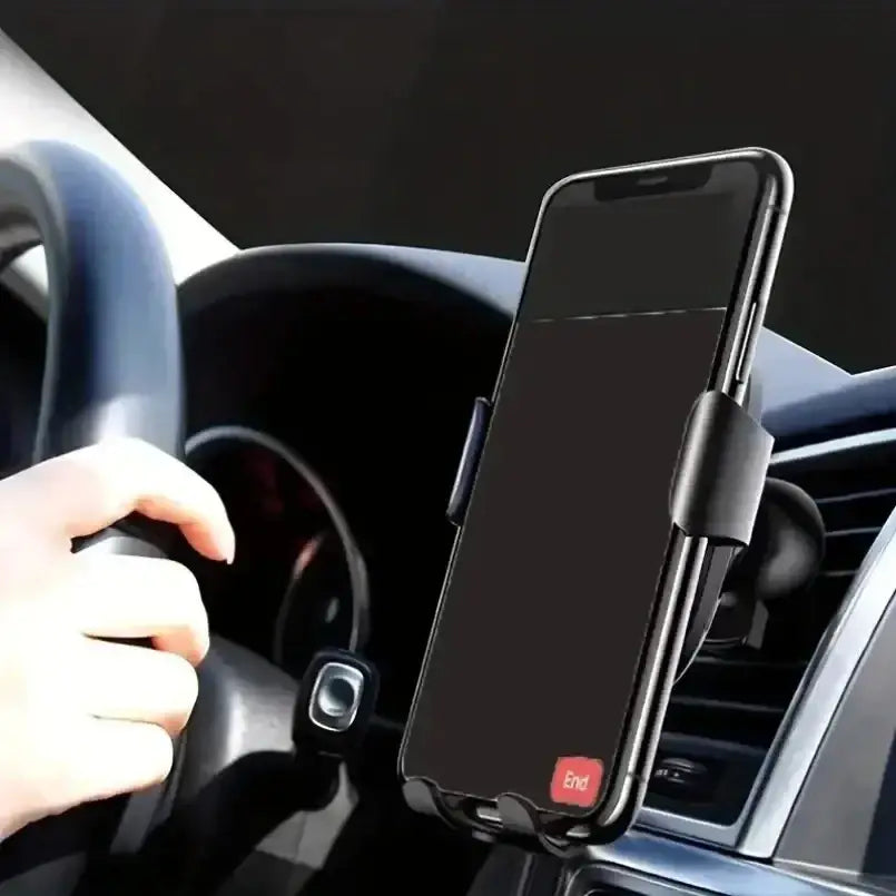 Schwarzes Smartphone, montiert in einer kabellosen Ladegerät-Luftauslass-Schwerkraft-Kfz-Halterung; unterstützt das kabellose Laden an einer Halterung für das Armaturenbrett des Autos