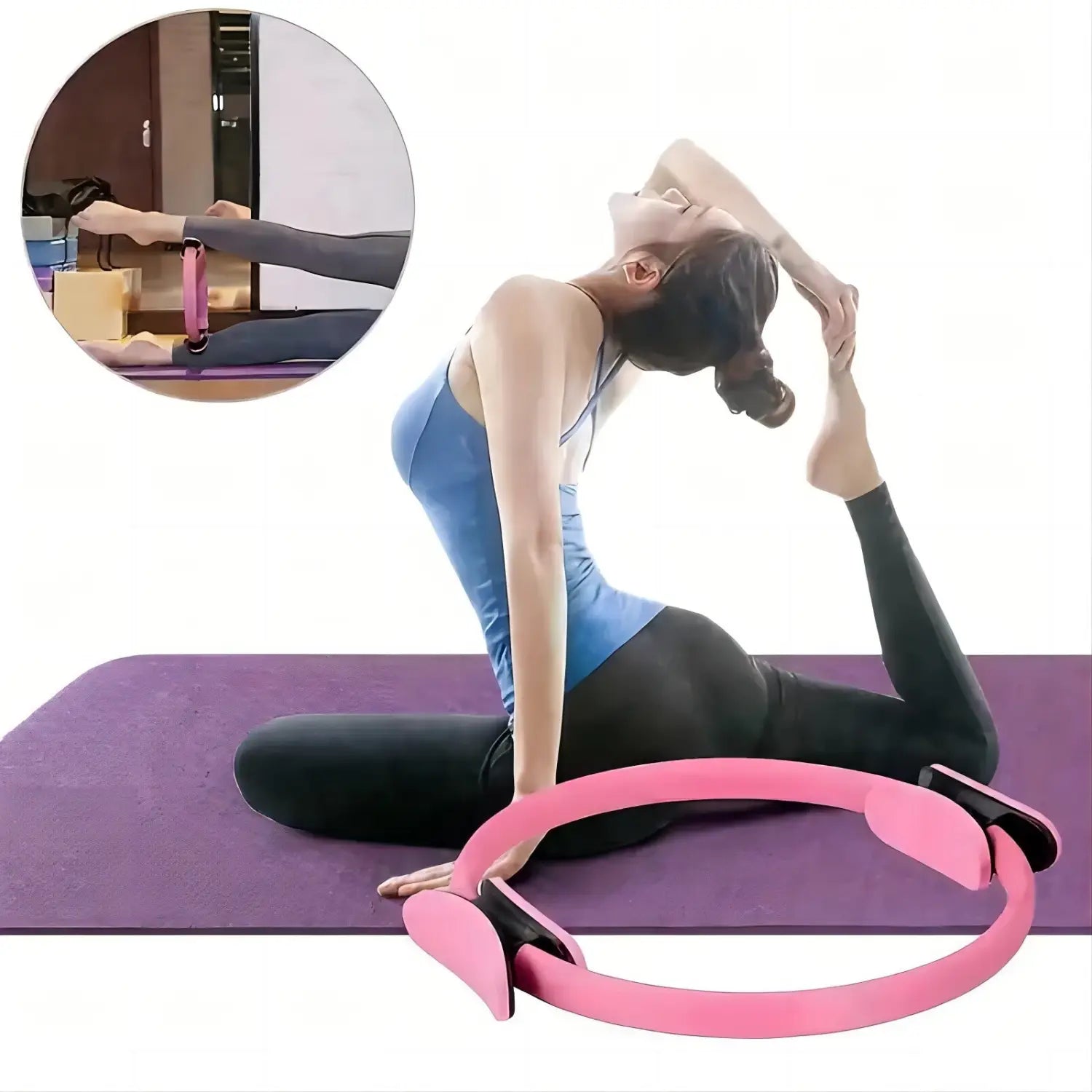 Pink plastic pilates ring with black adjustable straps shown as part of a 5-piece pilates ring and resistance band set.