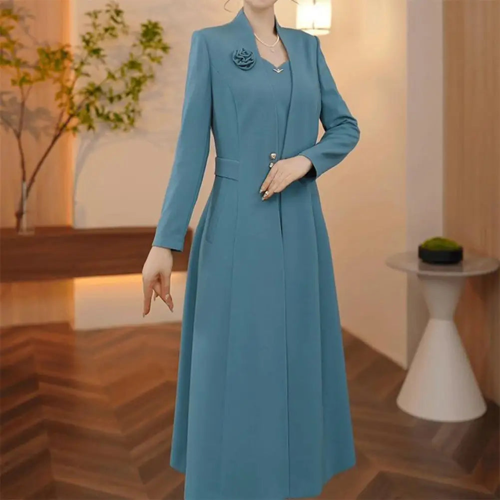 Autumn Winter Womens Suits 2 Piece Set Formal Long Blazers Jacket Long Sleeve A-Line Dress Set for Wedding Party