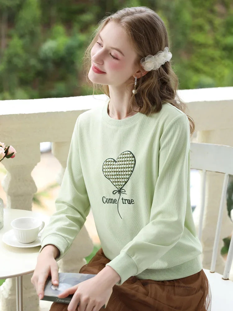 I BELIEVE YOU Hoodies for Women 2024 Autumn Green Waffle Embroidery Loose O Neck New Exquisite Fashion Soft Pullovers CWY245471A