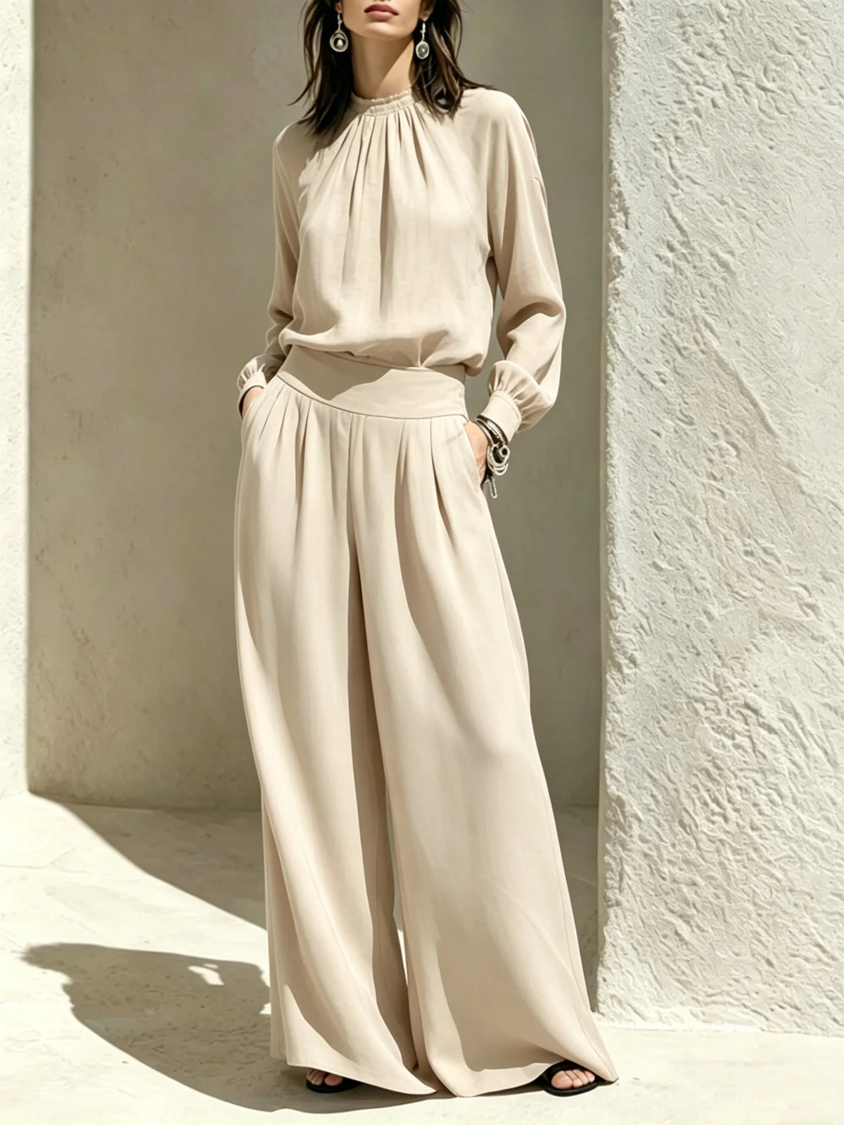 2026 Fall European and American New Casual, High-End, Stand-Up Collar Outfit Set: Loose Blouse, Wide-Leg Pants for Women.