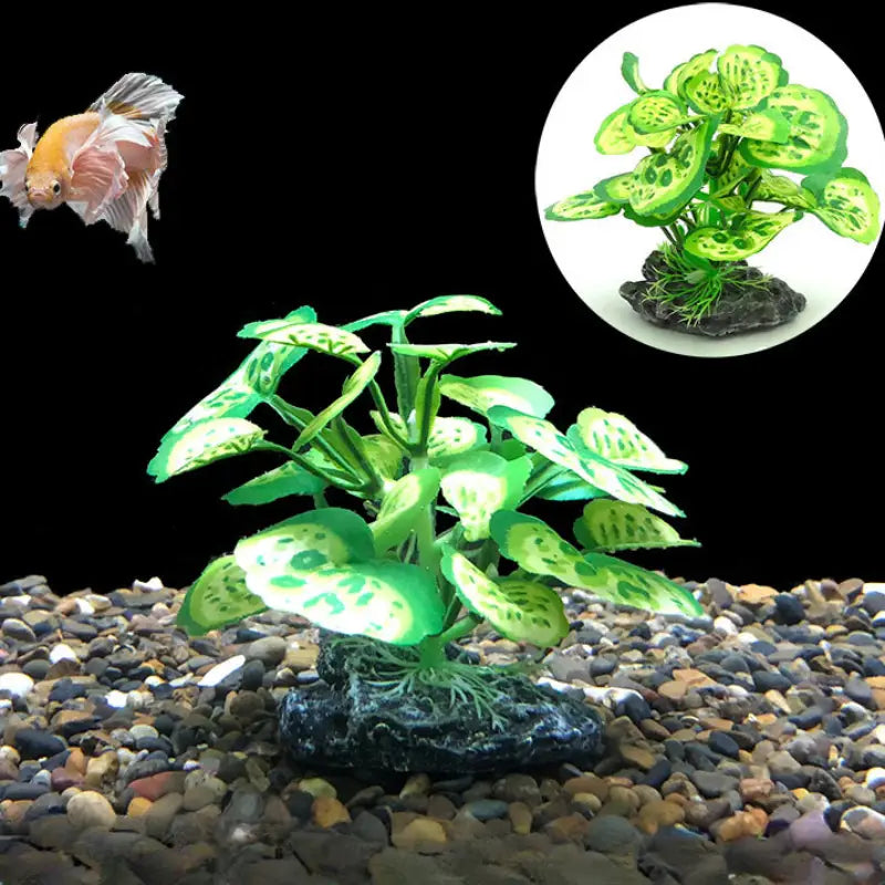 Green plastic artificial water plant with spotted leaves and root-like base for fish tank landscape decoration