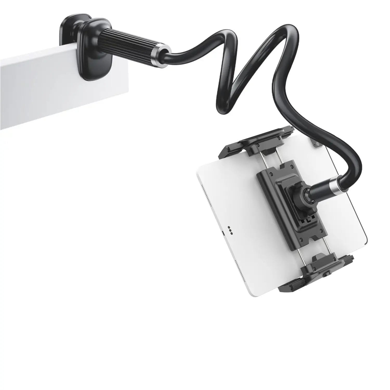 Black flexible arm tablet holder tripod with adjustable clamp and multi-point grip designed for adjustable length universal mount use