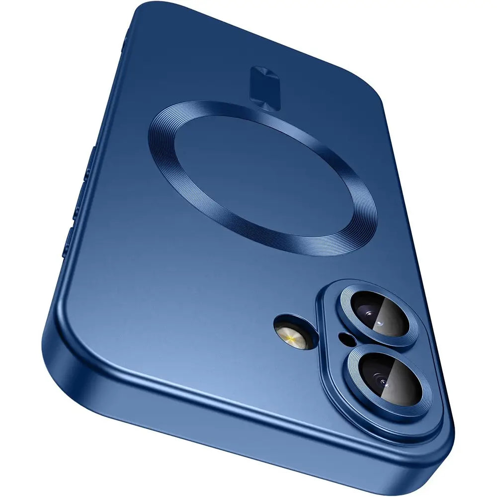 Étui de téléphone en silicone magnétique Magsafe bleu pour iPhone, présenté de dos, avec un coussinet de chargement circulaire et une découpe pour double caméra.