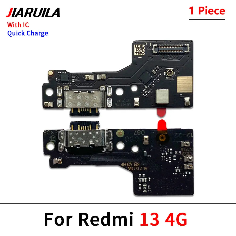 Schwarze Leiterplatte mit silbernem USB-Ladeanschluss und goldfarbenem IC-Chip, ausgelegt für das Xiaomi Redmi 13 4G, mit erhöhter Schutzzeit und Versandoption über China Post.