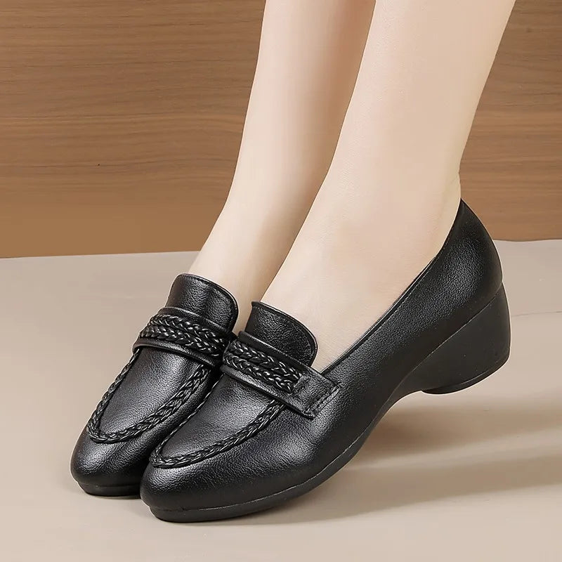 Wedge Loafers for Women Vintage Braided Leather Shoes Elegant Round Toe Pumps Office Lady Work Footwear Casual Slip-on Shoes