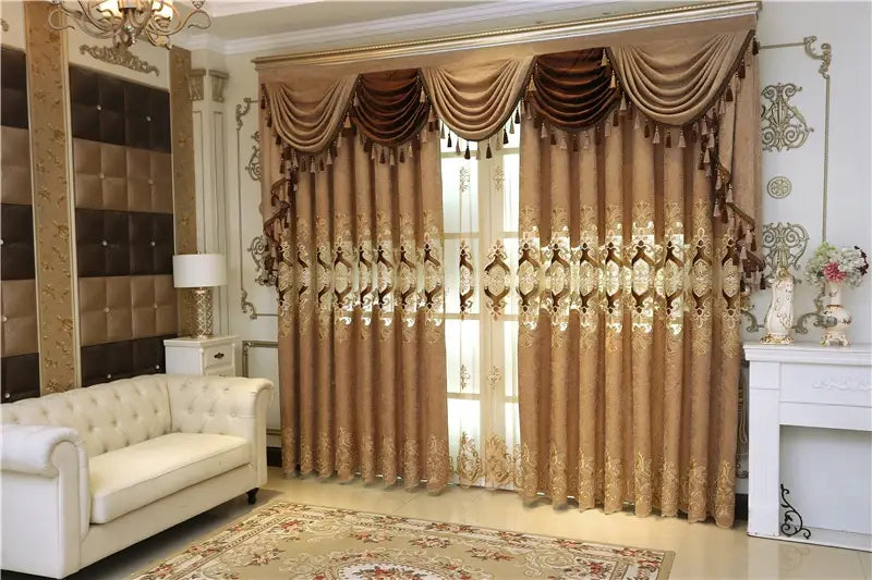 Ornate gold and brown embroidered living room curtains with intricate tassels designed for a French window.