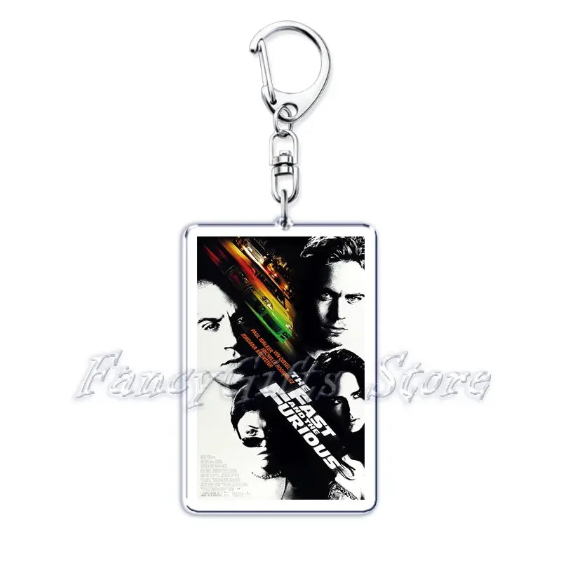 Silver rectangular acrylic keychain featuring a printed image of the movie poster for The Fast and the Furious from the movie poster acrylic keychain set.