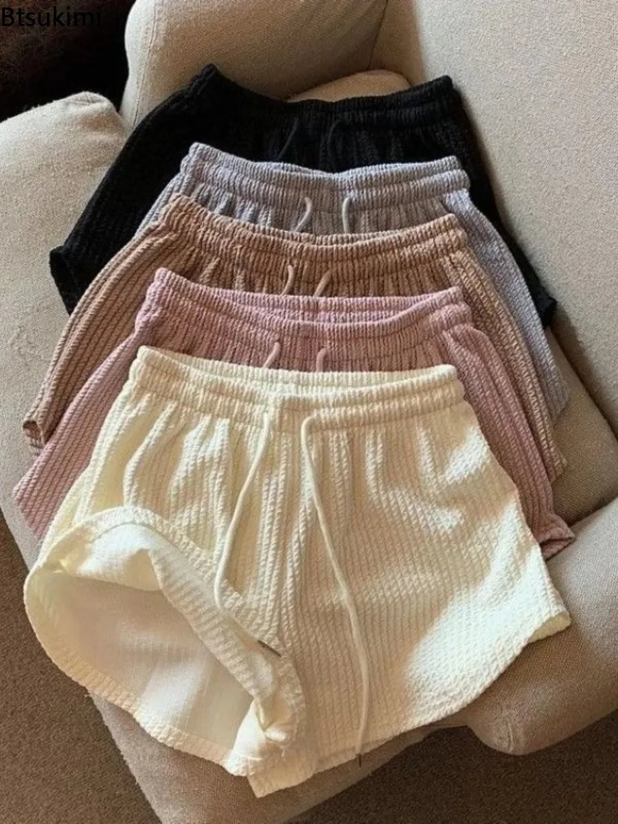 Summer Shorts Women's Waffle Sport Fitness Shorts Loose Casual Drawstring Wide Leg High Waist Short Pants Girls A-line Hot Pants