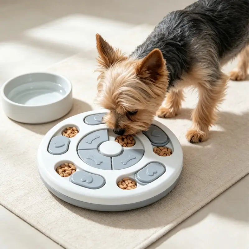 Gray and white circular slow feeder dog toy with multiple compartments holding kibble designed for interactive educational feeding.