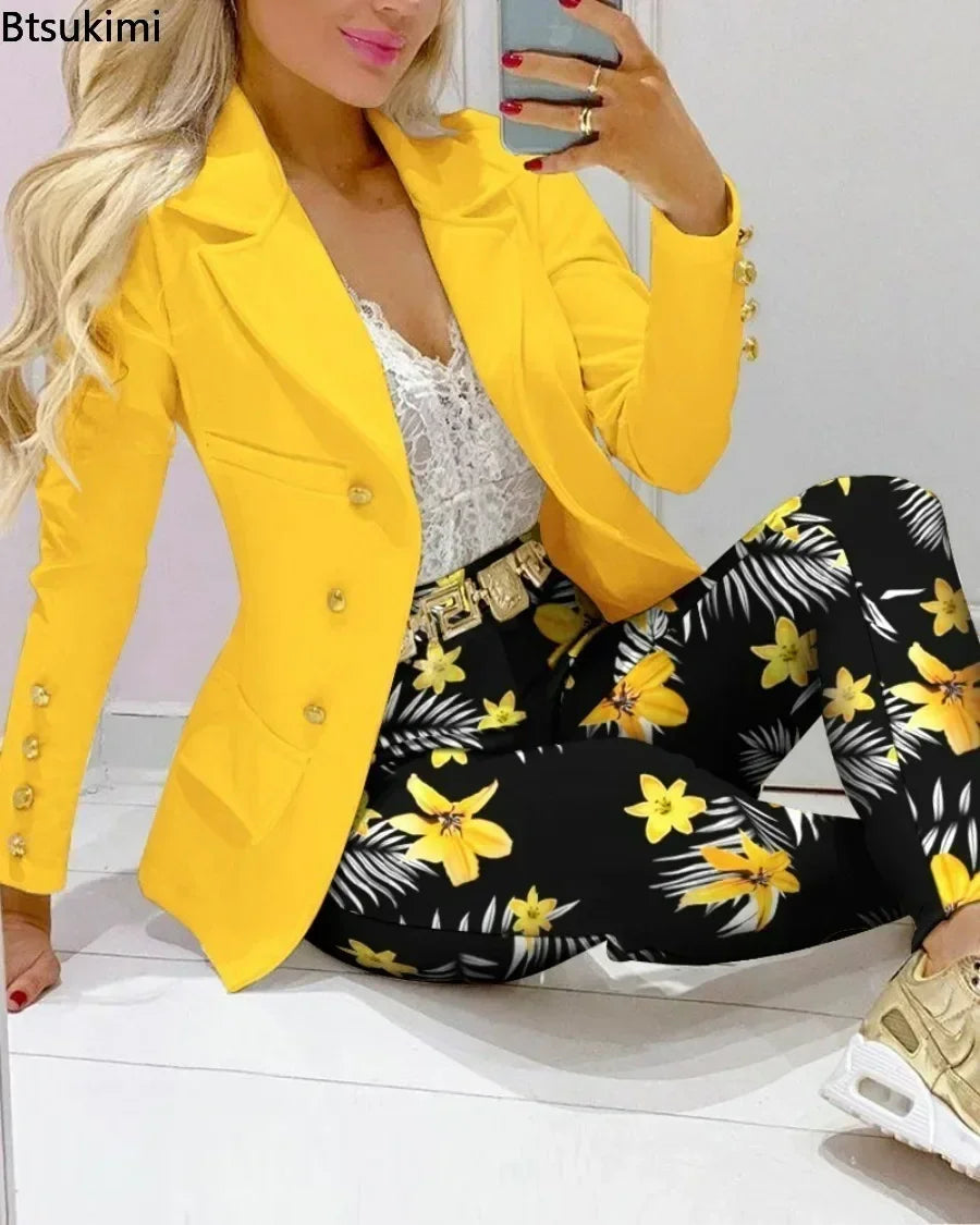 2026 Women Formal Jacket & Trousers Office Lady Outfits Autumn Women Two Pieces Set Print Blazer Coat & Pants Suit Sets Female