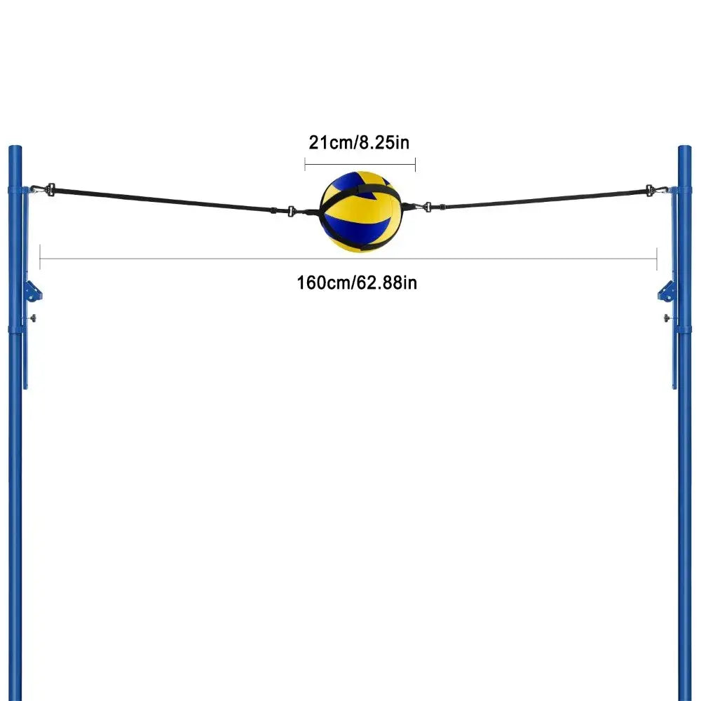 solo volleyball training aid with adjustable elastic belt featuring a yellow and blue volleyball suspended between two blue poles by black straps.