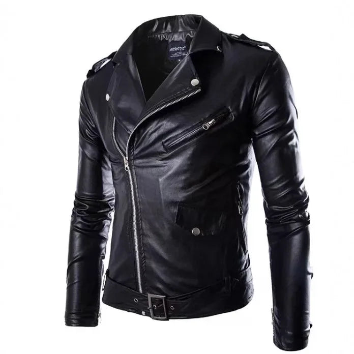 Herren-Leder-Motorrad-Bikerjacke im Vintage-Stil in großen Größen mit schwarzem Leder, silbernen Reißverschlüssen und Druckknöpfen.