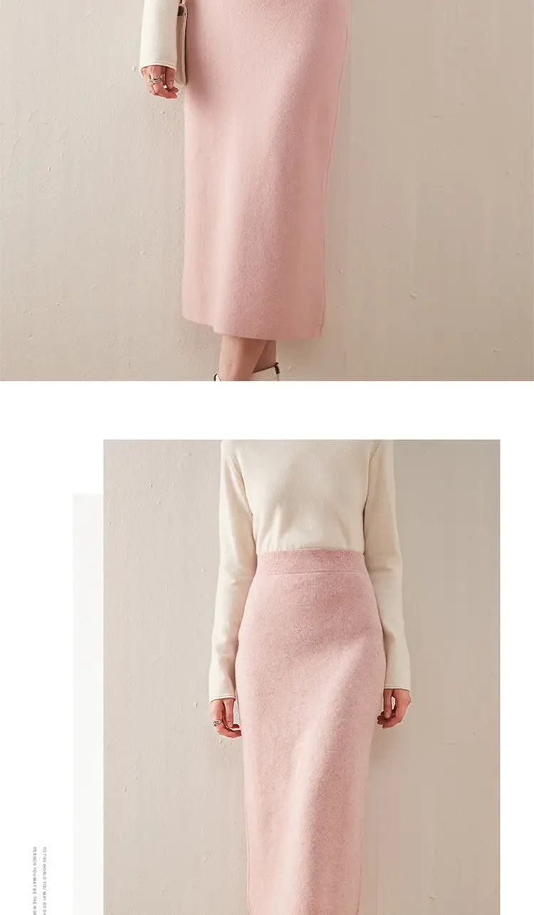 A soft pink wool knit midi skirt with a high waist and form-fitting pencil silhouette made of smooth slightly textured knit fabric.