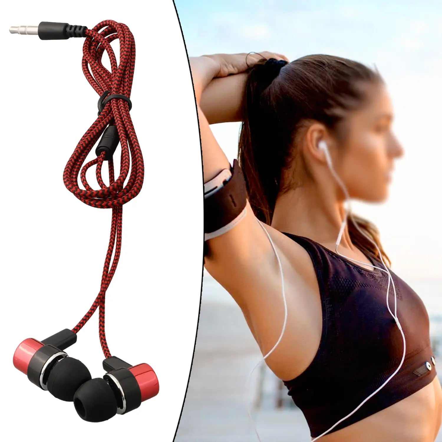 Rote und schwarze geflochtene Bass-Stereo-Kopfhörer für den In-Ear-Bereich mit Kabelanschluss, Spiralkabel und Lautstärkeregelung für ein immersives Stereo-Kopfhörerlebnis.