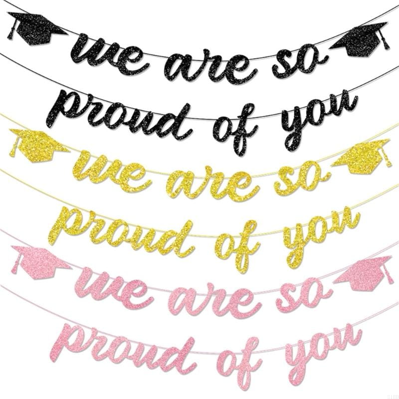 pink glitter graduation proud of you banner featuring a glittery graduation-themed design with black, gold, and pink lettering and caps.