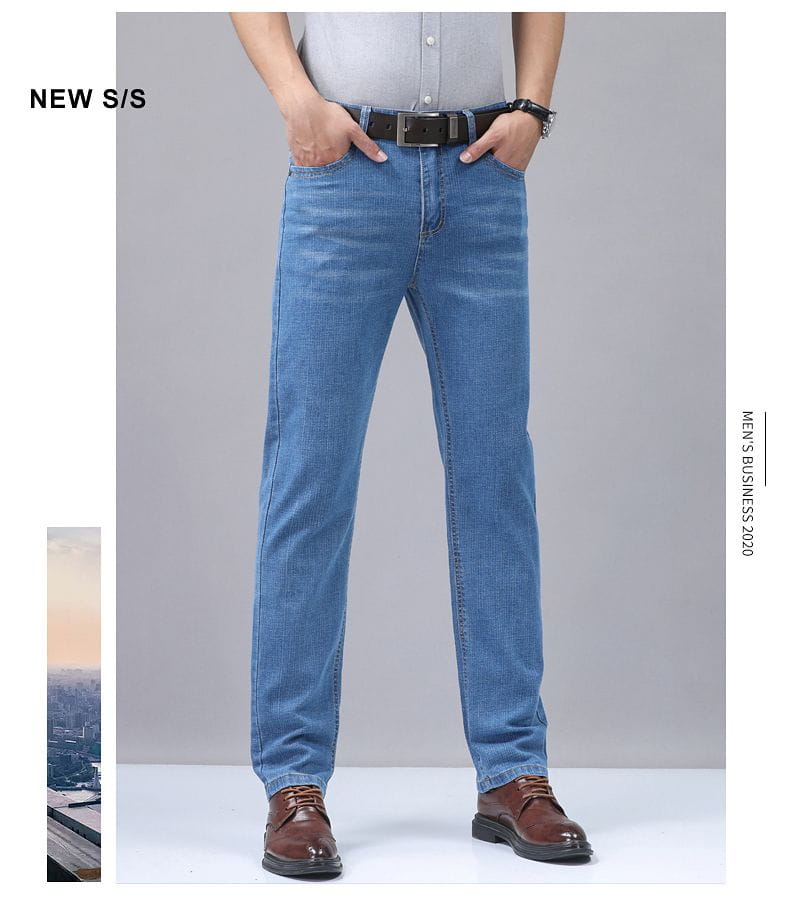 Men’s stretch cotton straight jeans in light-wash blue denim with classic stitching designed for casual wear