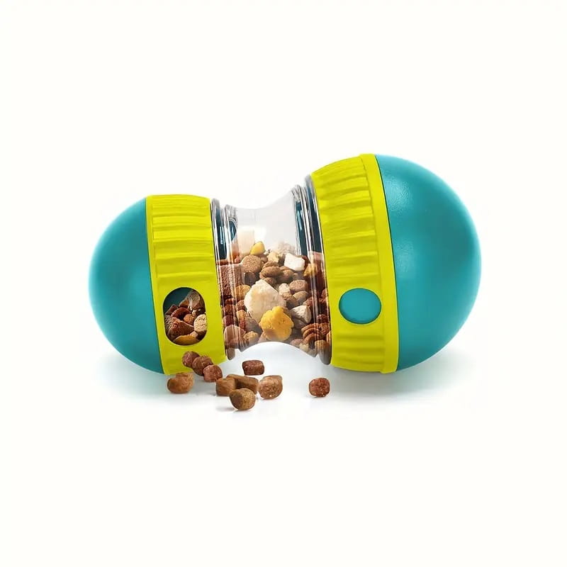 Jouet distributeur interactif de friandises pour chien, distributeur d’alimentation lente, en plastique turquoise et jaune, avec une section centrale transparente remplie de croquettes.
