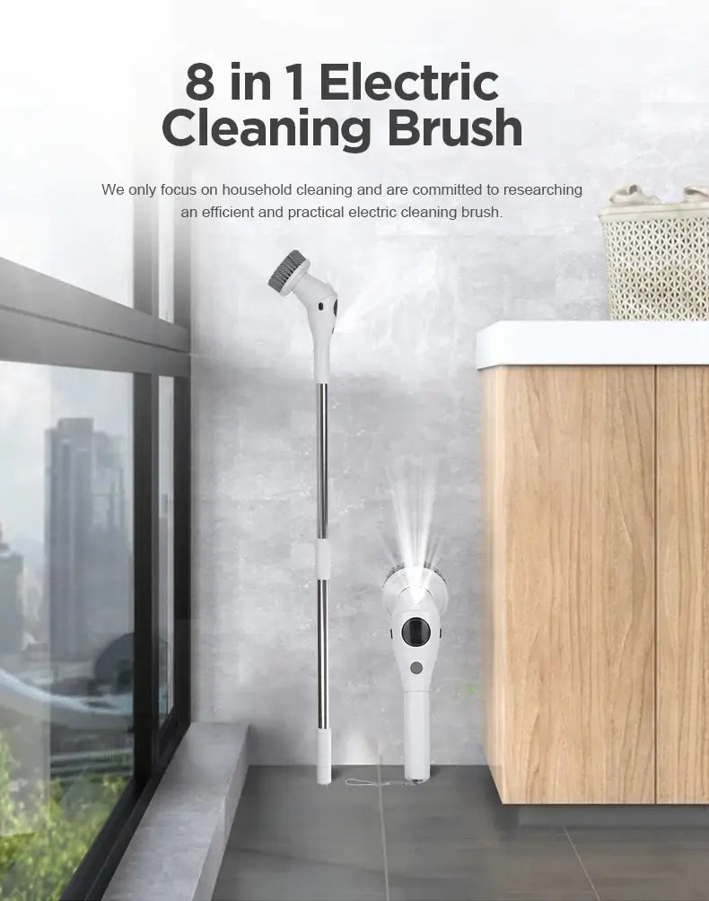 Brosse électrique blanche 8-en-1 avec tête de brosse, poignée télescopique et tête amovible, pour des tâches de nettoyage polyvalentes.