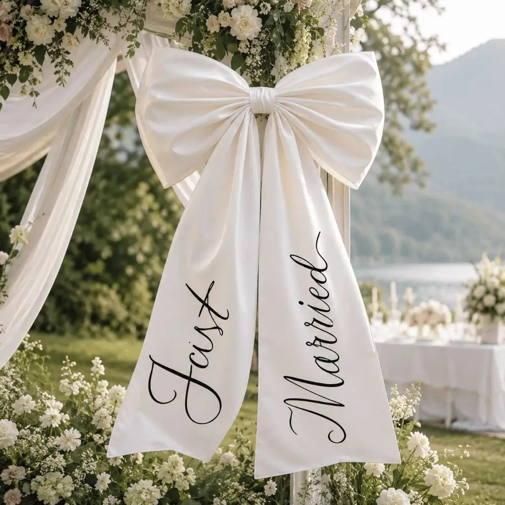 Un moño para coche de bodas de satén blanco con «just married» en cursiva negra, colgando con elegancia en un arco de bodas.