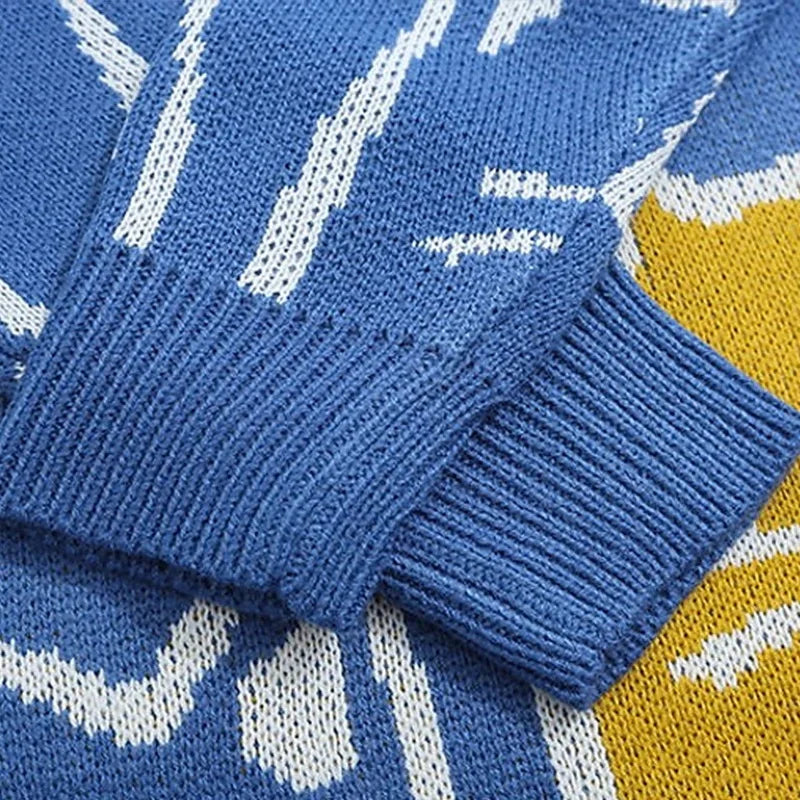 Cartoon Cat Knitted Sweater Men Japanese Retro Harajuku Knitwears Pullover Autumn Winter Jumper Knit Oversized Vintage Sweater