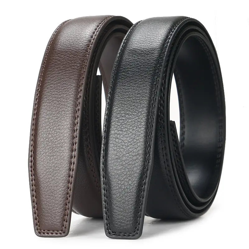 A pair of Oyifan ratchet leather belts for men in dark brown and black with sleek coiled design and subtle edge stitching.