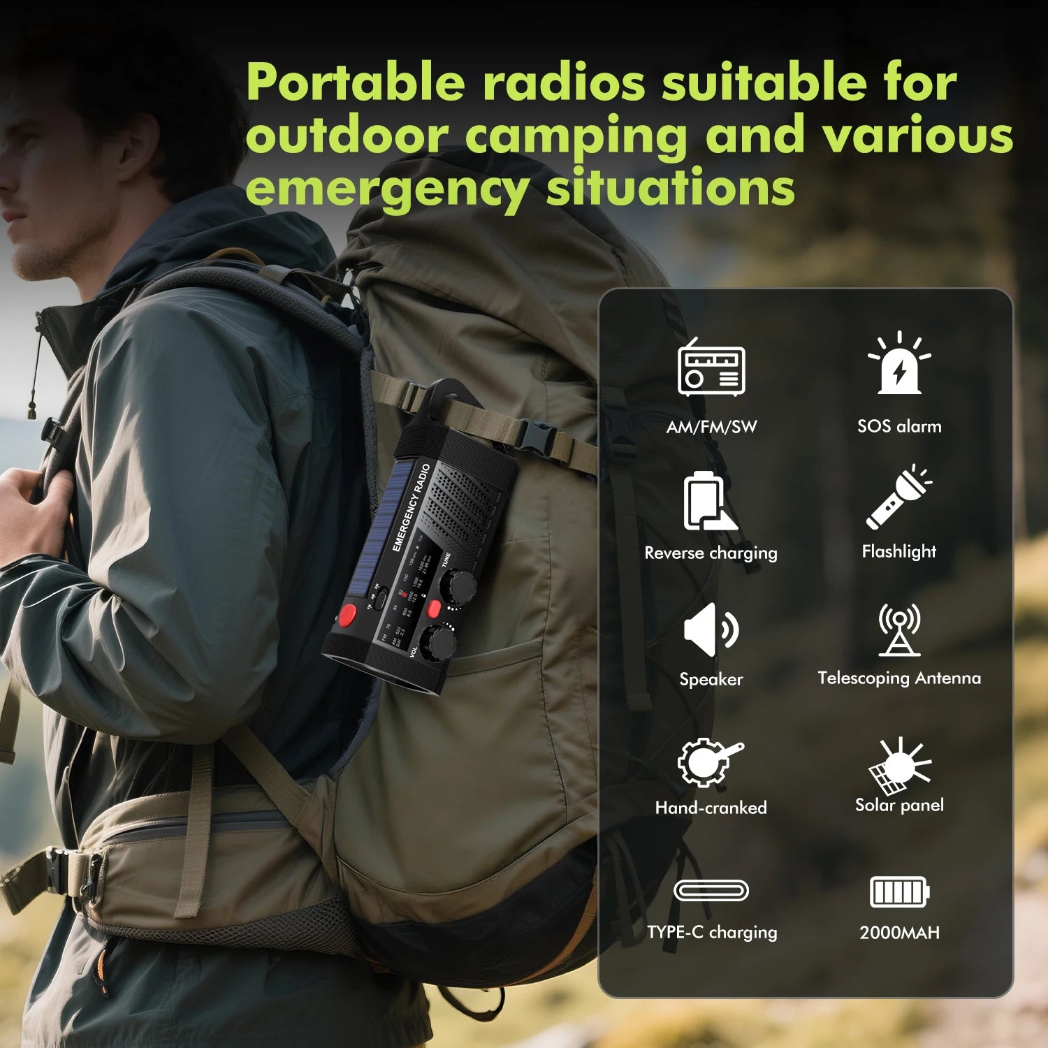 Emergency Radio with SOS Alarm, AM/FM/SW & Flashlight. 2000mAh Battery & Solar/Hand Crank Charging for Outdoor Survival.