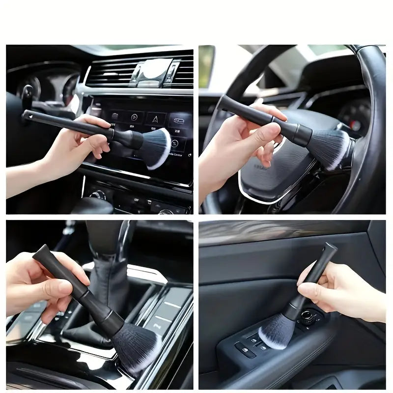 Detailreinigungsbürste für den Innenraum eines schwarzen Fahrzeugs mit weichen Borsten und einem eleganten Griff, ausgelegt für eine präzise Reinigung.