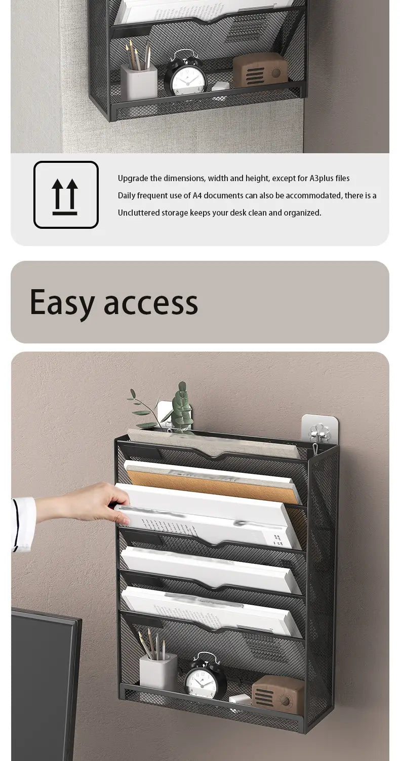 black mesh wall mount file organizer with multiple compartments for efficient document storage